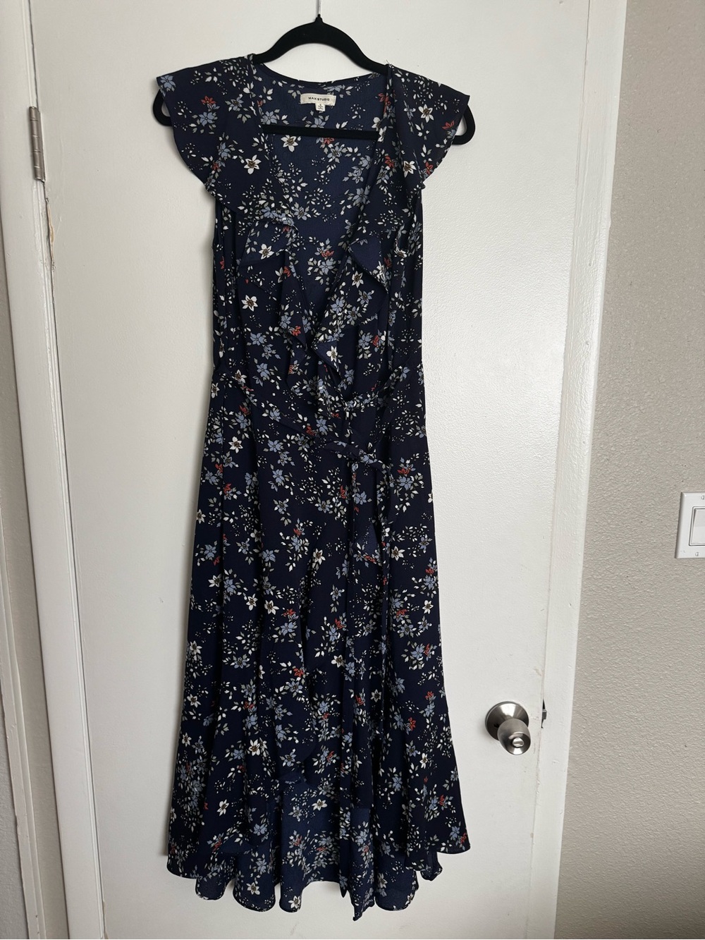 Max Studio Navy Floral Ruffle Wrap Maxi Dress